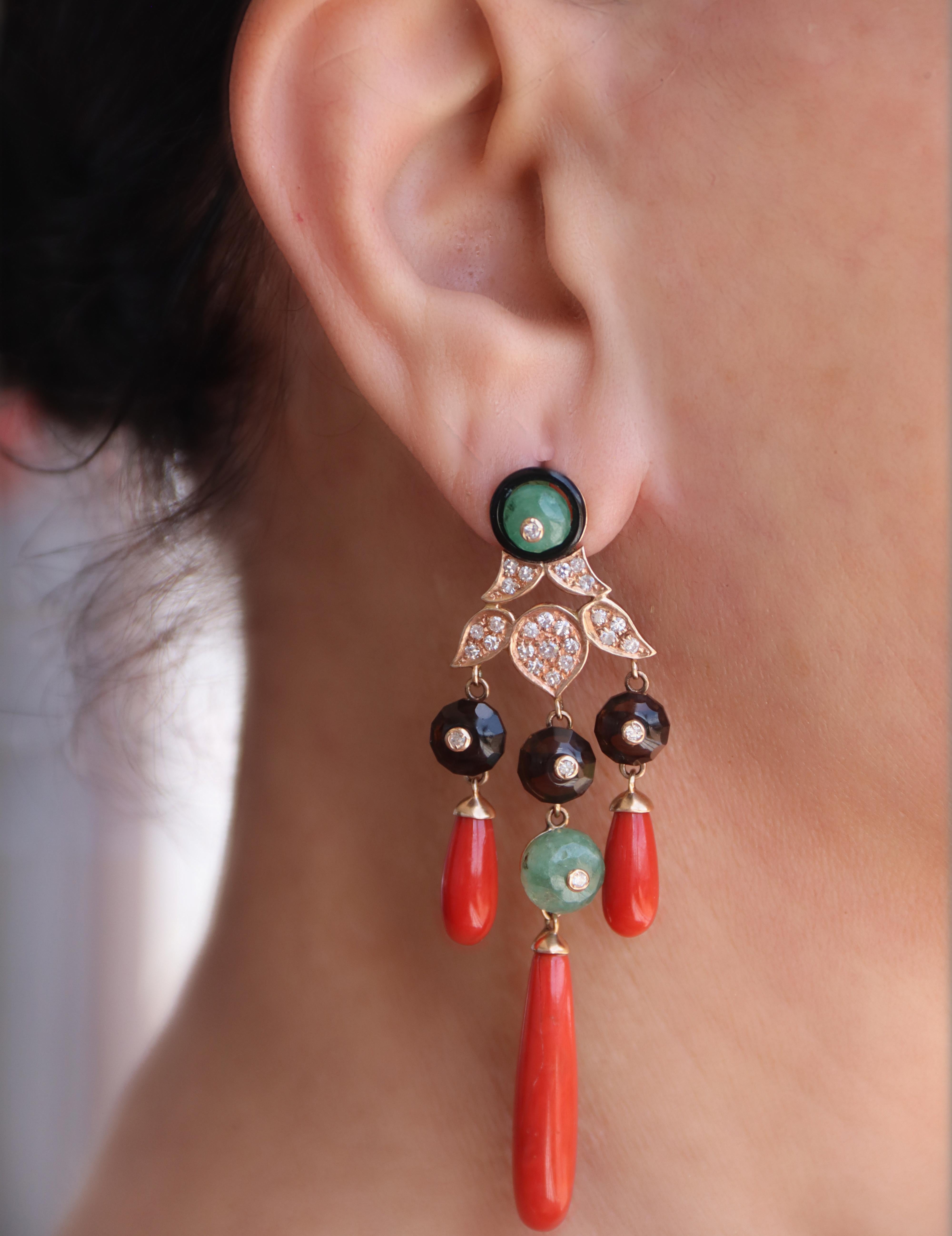 Coral Onyx Diamonds Emeralds Garnet 14 Karat Yellow Gold Drop Earrings For Sale 2