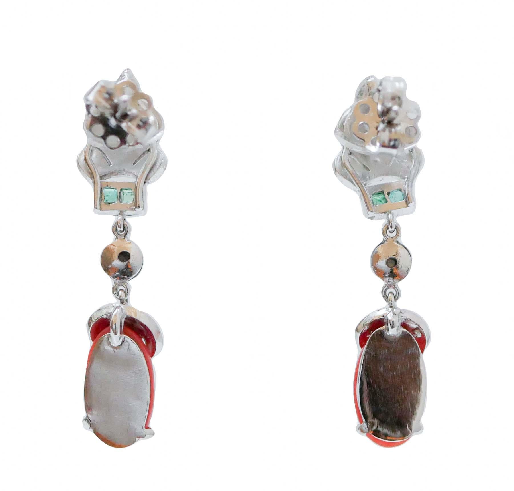 Retro Coral, Onyx, Diamonds, Emeralds, Platinum Dangle Earrings. For Sale