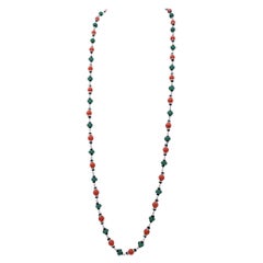 Coral, Onyx, Diamonds, Green Agate, 9 Karat White Gold Multi-Strands Necklace