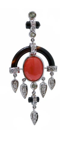 Coral, Onyx, Diamonds, Green Sapphires, Platinum Earrings.