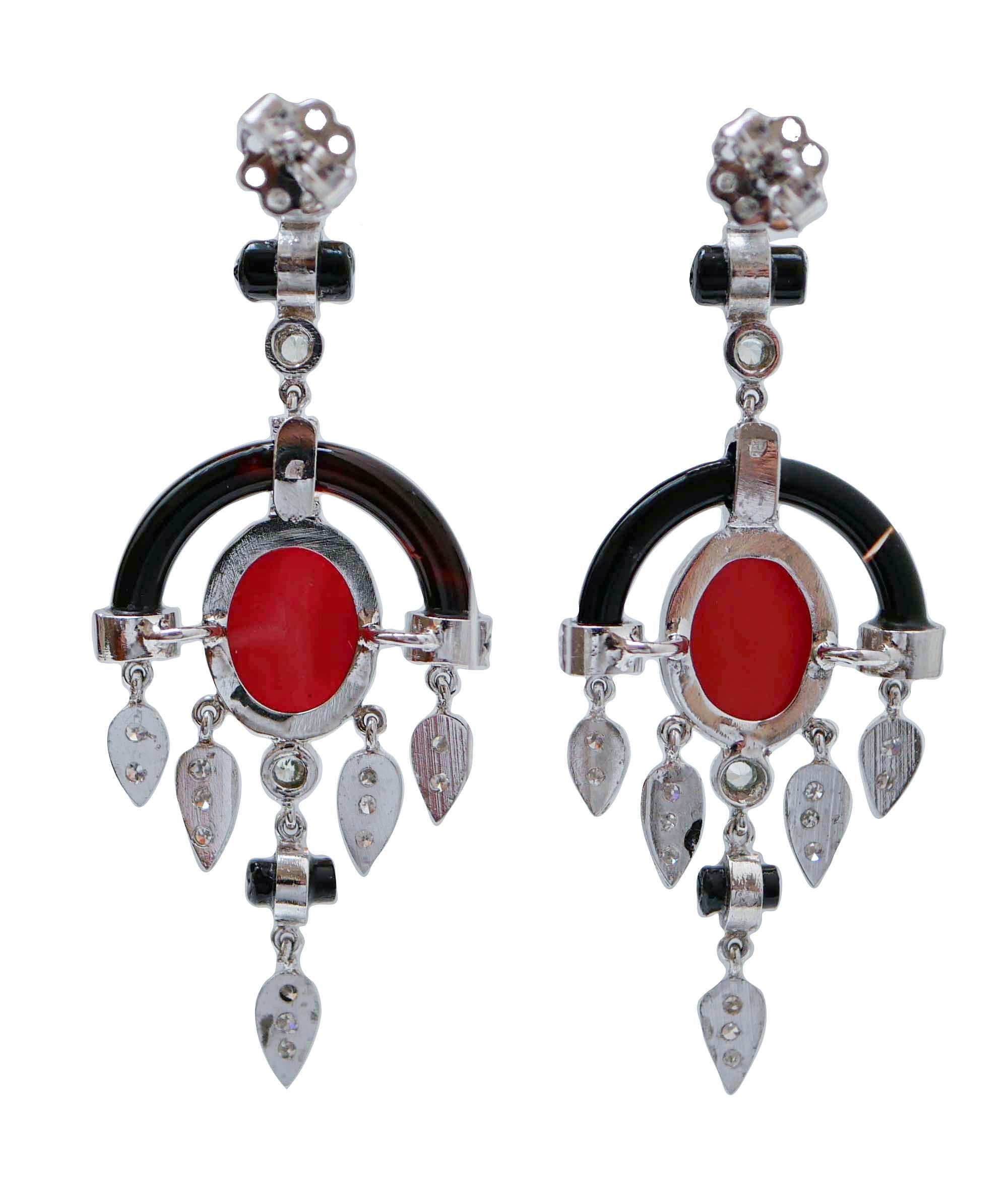 Retro Coral, Onyx, Diamonds, Green Sapphires, Platinum Earrings. For Sale