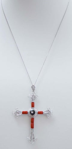 Coral, Onyx, Diamonds, Platinum Cross Pendant Necklace.
