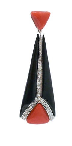 Coral, Onyx, Diamonds, Platinum Dangle Earrings.