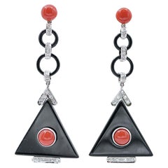 Coral, Onyx, Diamonds, Platinum Dangle Earrings