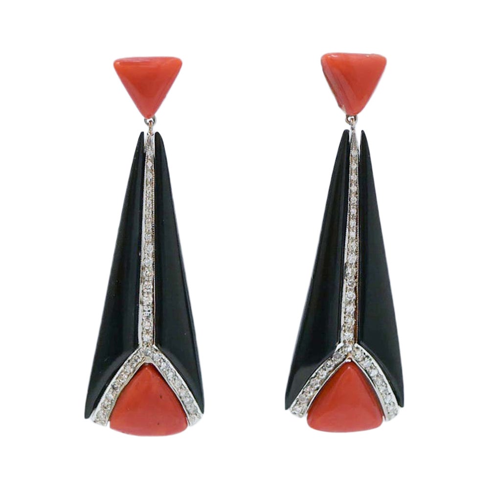 Coral, Onyx, Diamonds, Platinum Dangle Earrings.