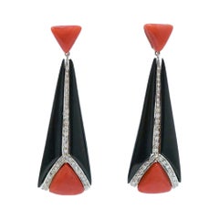 Coral, Onyx, Diamonds, Platinum Dangle Earrings.