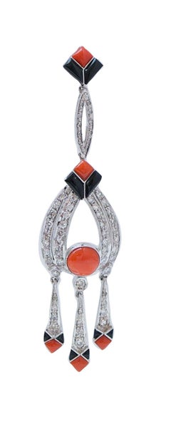 Coral, Onyx, Diamonds, Platinum Earrings.