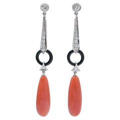 Coral, Onyx, Diamonds, Platinum Earrings.