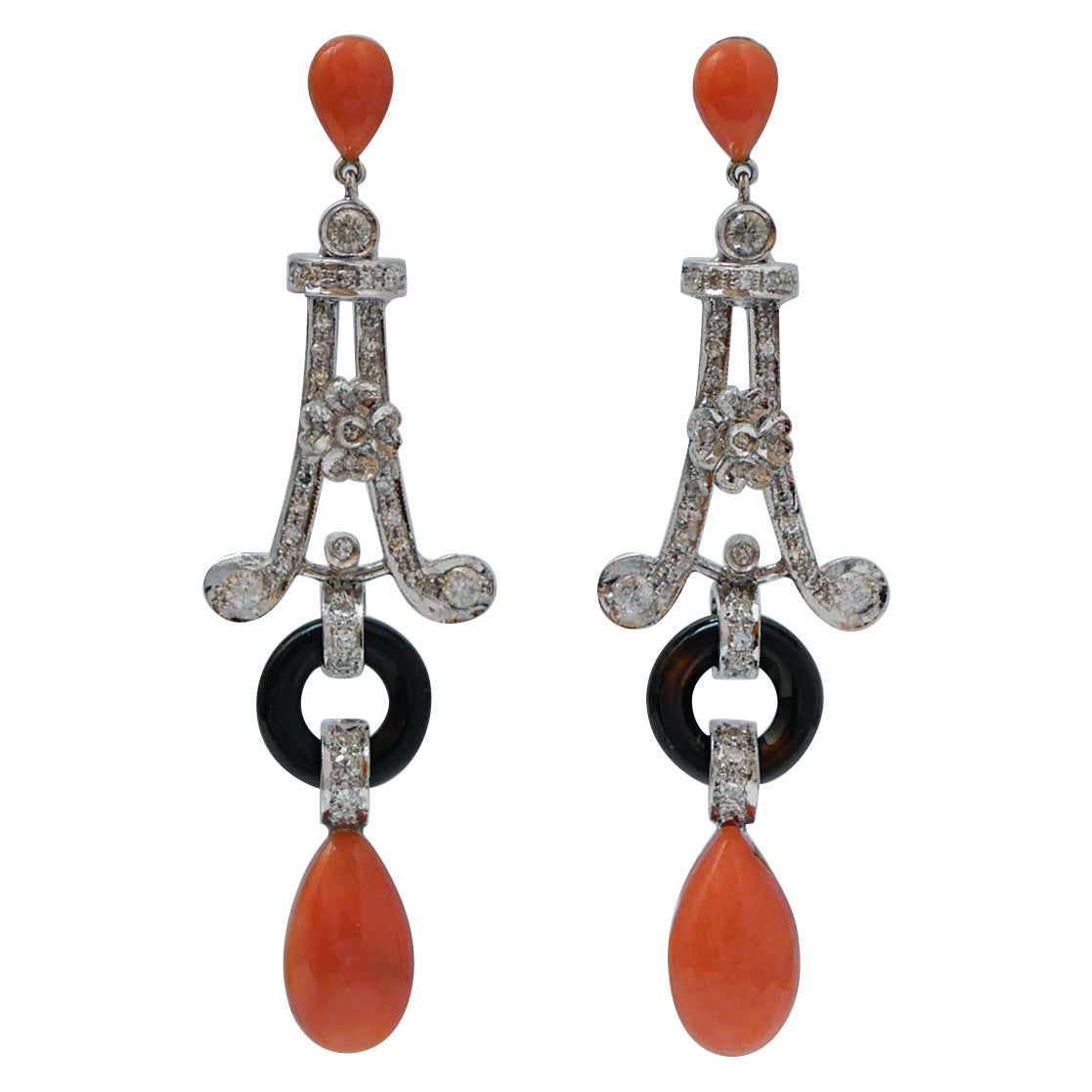 Coral, Onyx, Diamonds, Platinum Earrings.