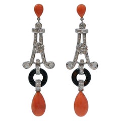 Coral, Onyx, Diamonds, Platinum Earrings.