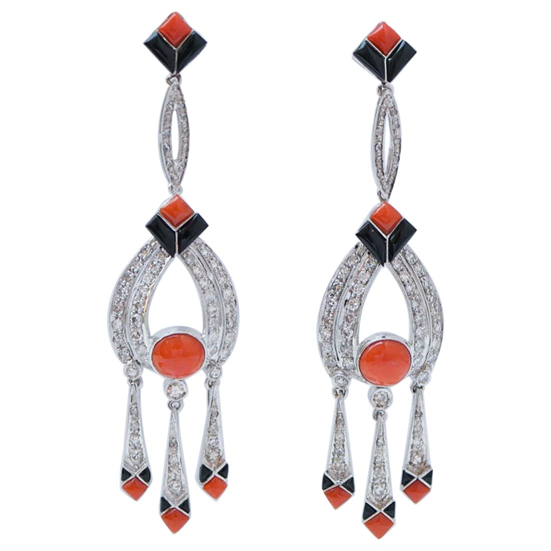 Coral, Onyx, Diamonds, Platinum Earrings.