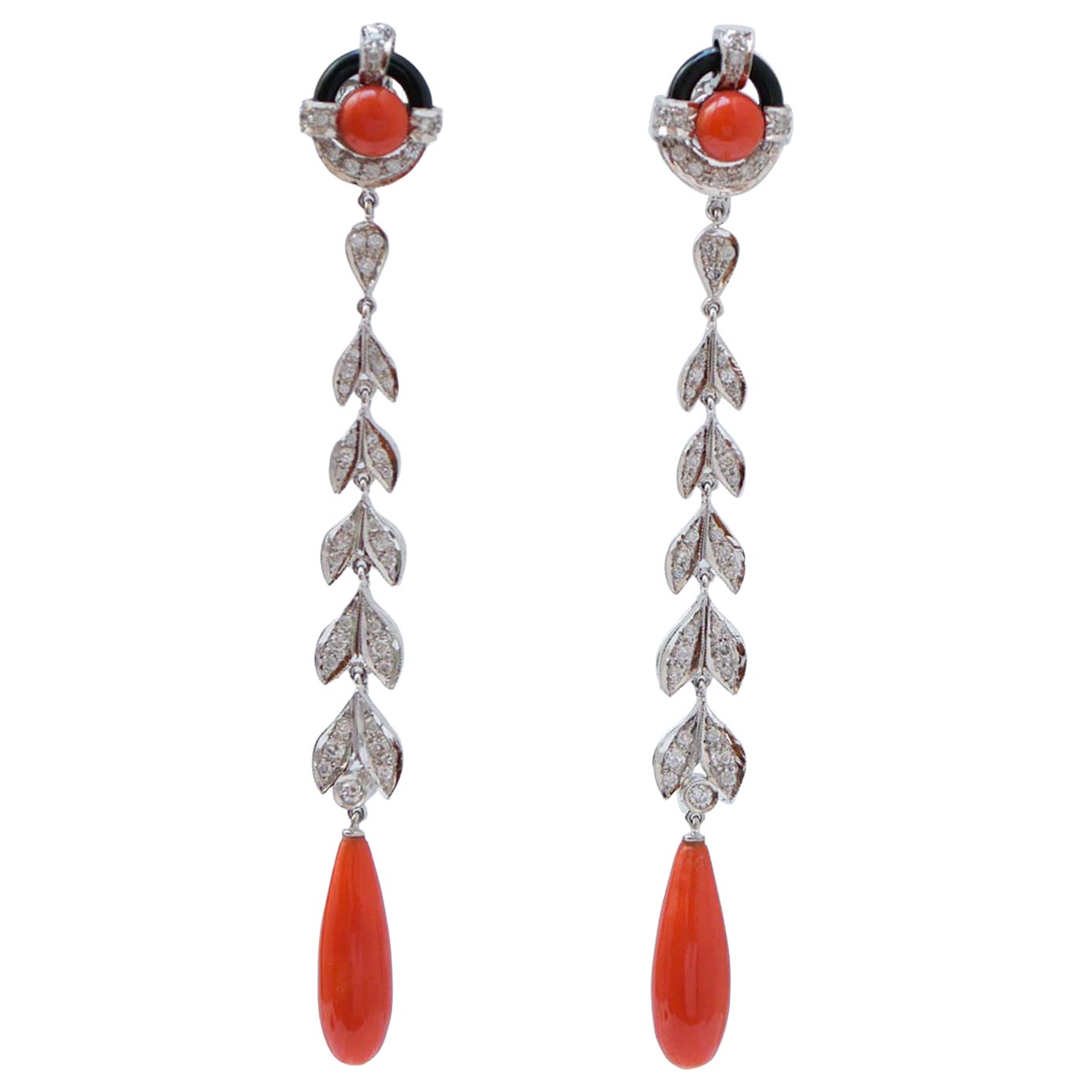 Coral, Onyx, Diamonds, Platinum Earrings. For Sale