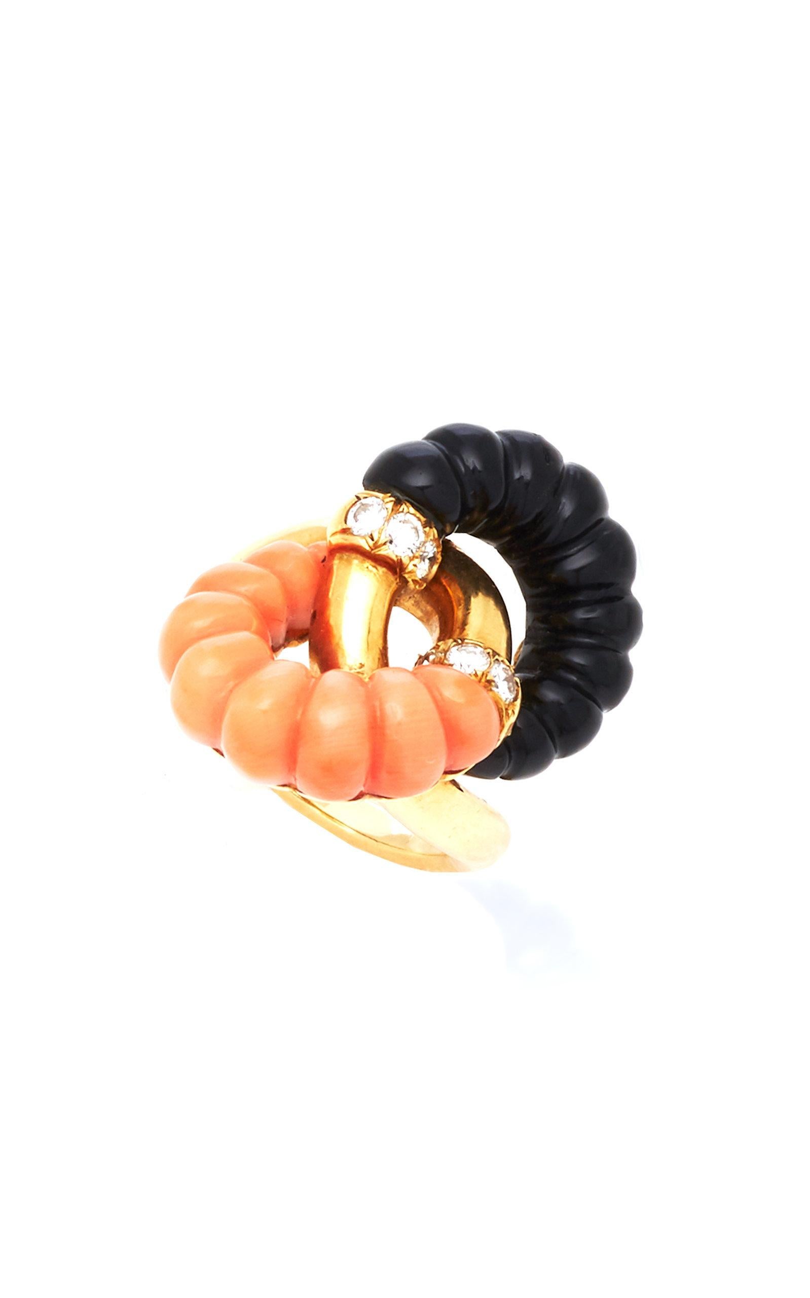 Retro Coral Onyx Diamonds Ring For Sale