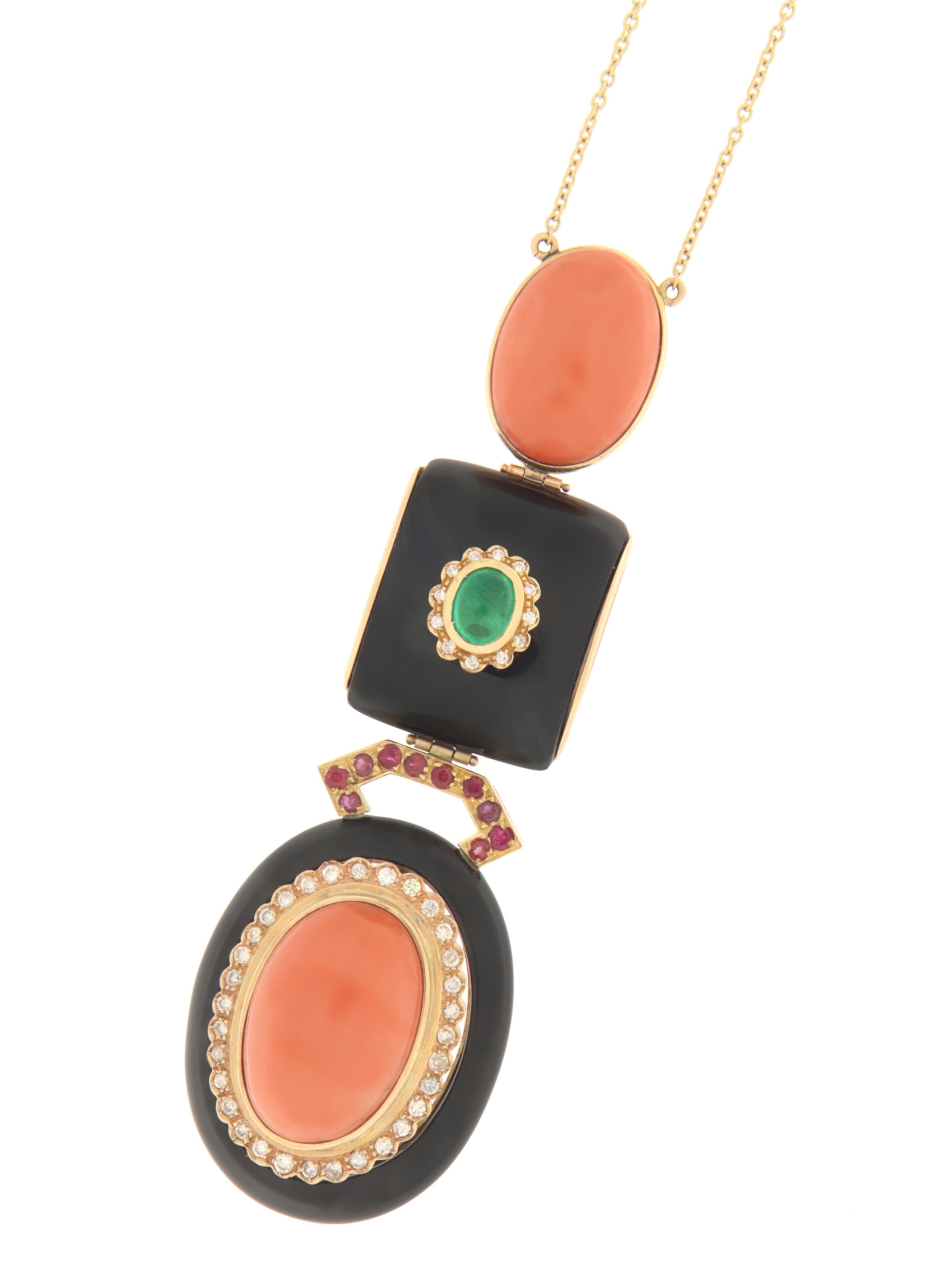 Artisan Coral Onyx Emerald 18 Karat Yellow Gold Diamonds Rubies Pendant Necklace For Sale