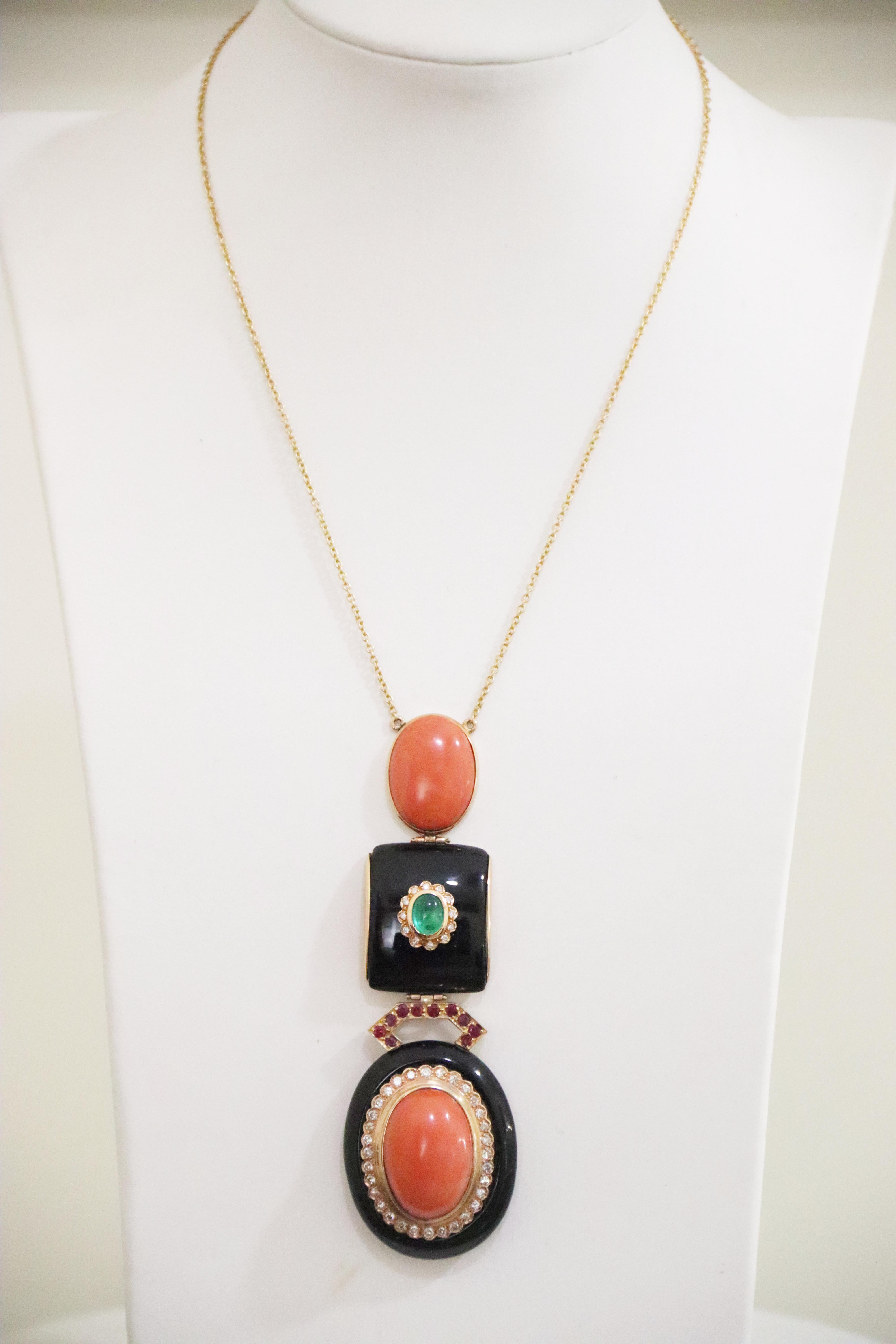 Coral Onyx Emerald 18 Karat Yellow Gold Diamonds Rubies Pendant Necklace For Sale 1