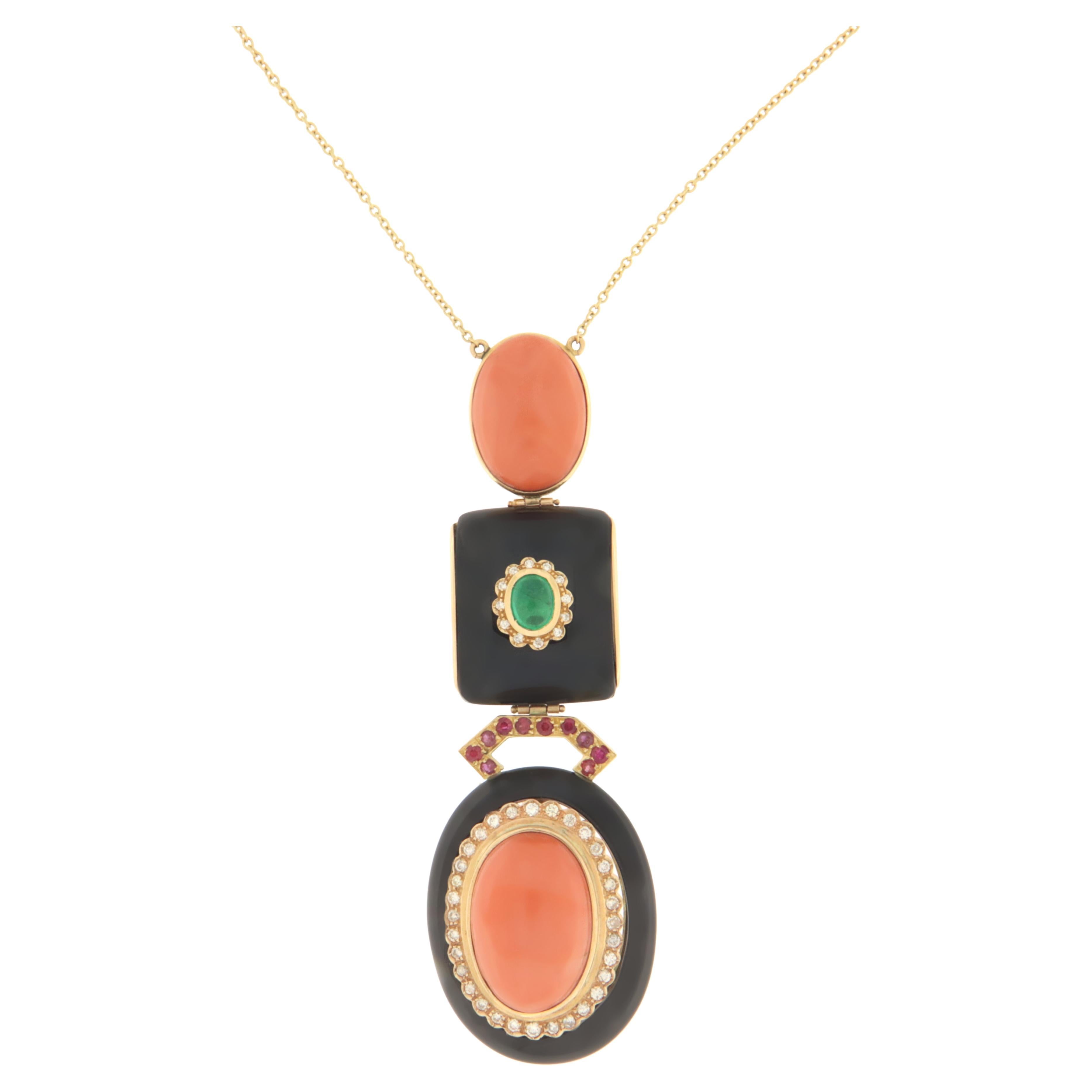 Coral Onyx Emerald 18 Karat Yellow Gold Diamonds Rubies Pendant Necklace For Sale