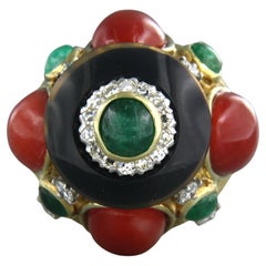 Coral, Onyx, Emerald, Diamond Cocktail Ring