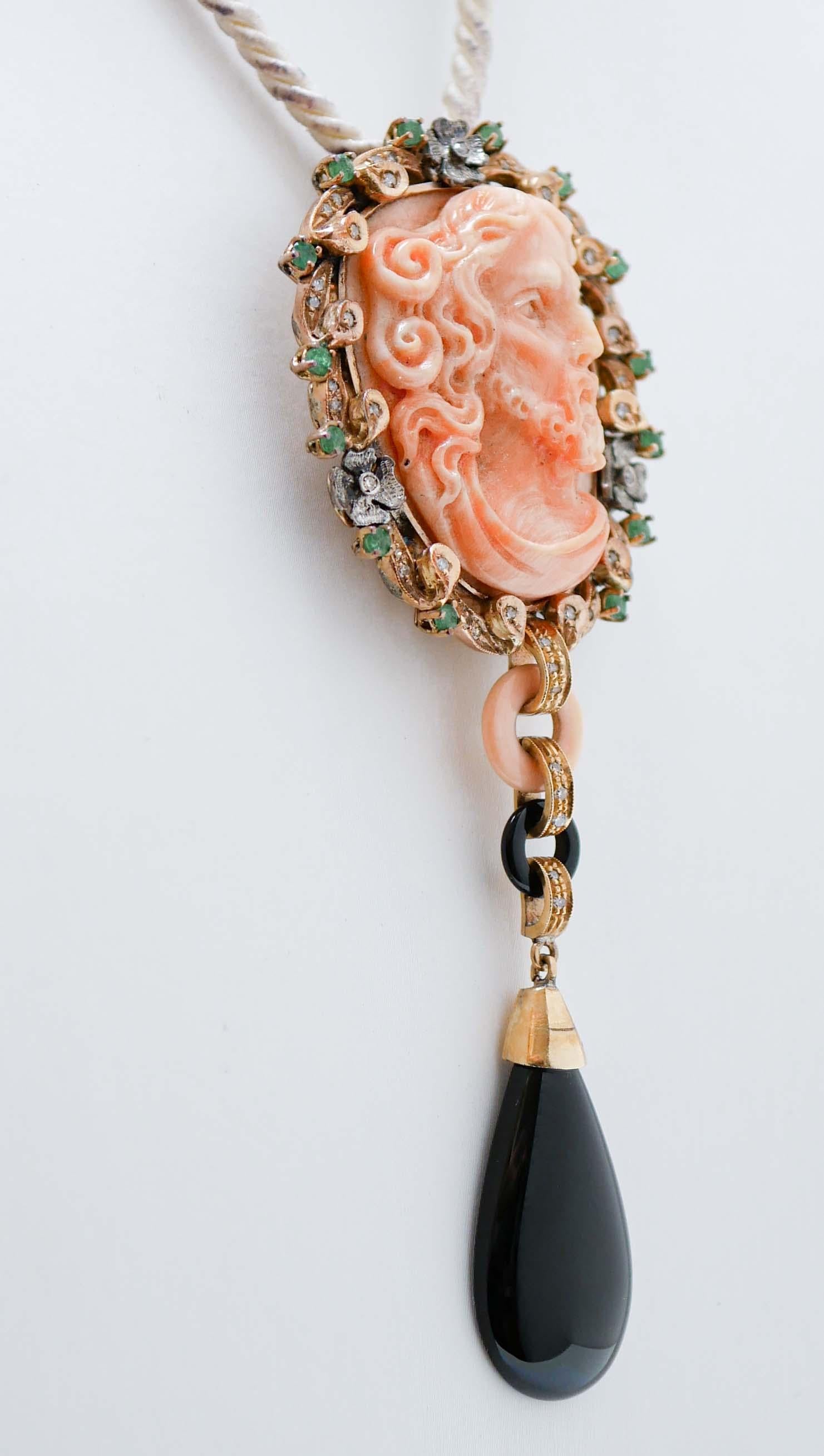 Retro Coral, Onyx, Emeralds, Diamonds, 14 Kt Rose Gold and Silver Pendant. For Sale