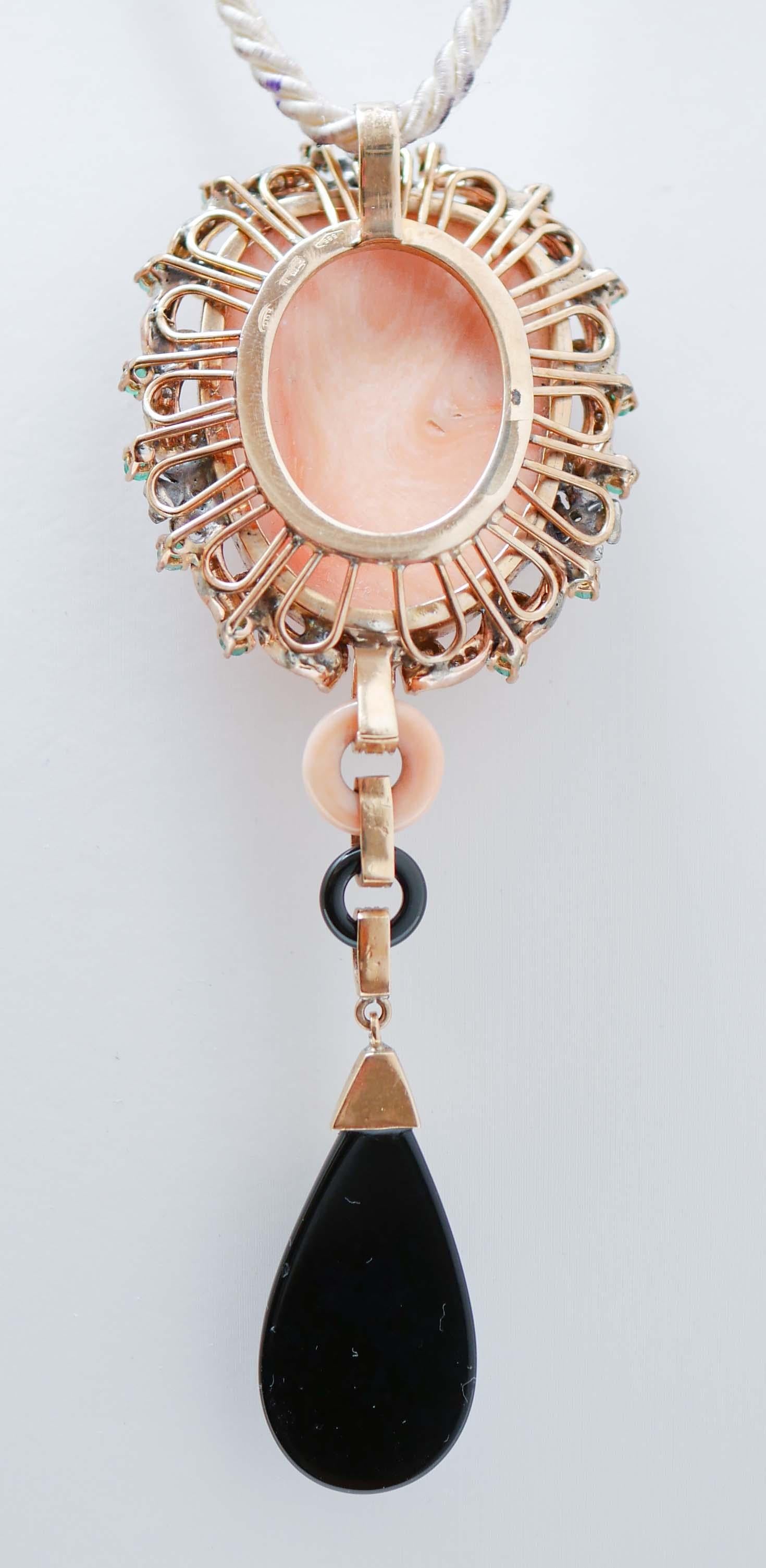Mixed Cut Coral, Onyx, Emeralds, Diamonds, 14 Kt Rose Gold and Silver Pendant. For Sale
