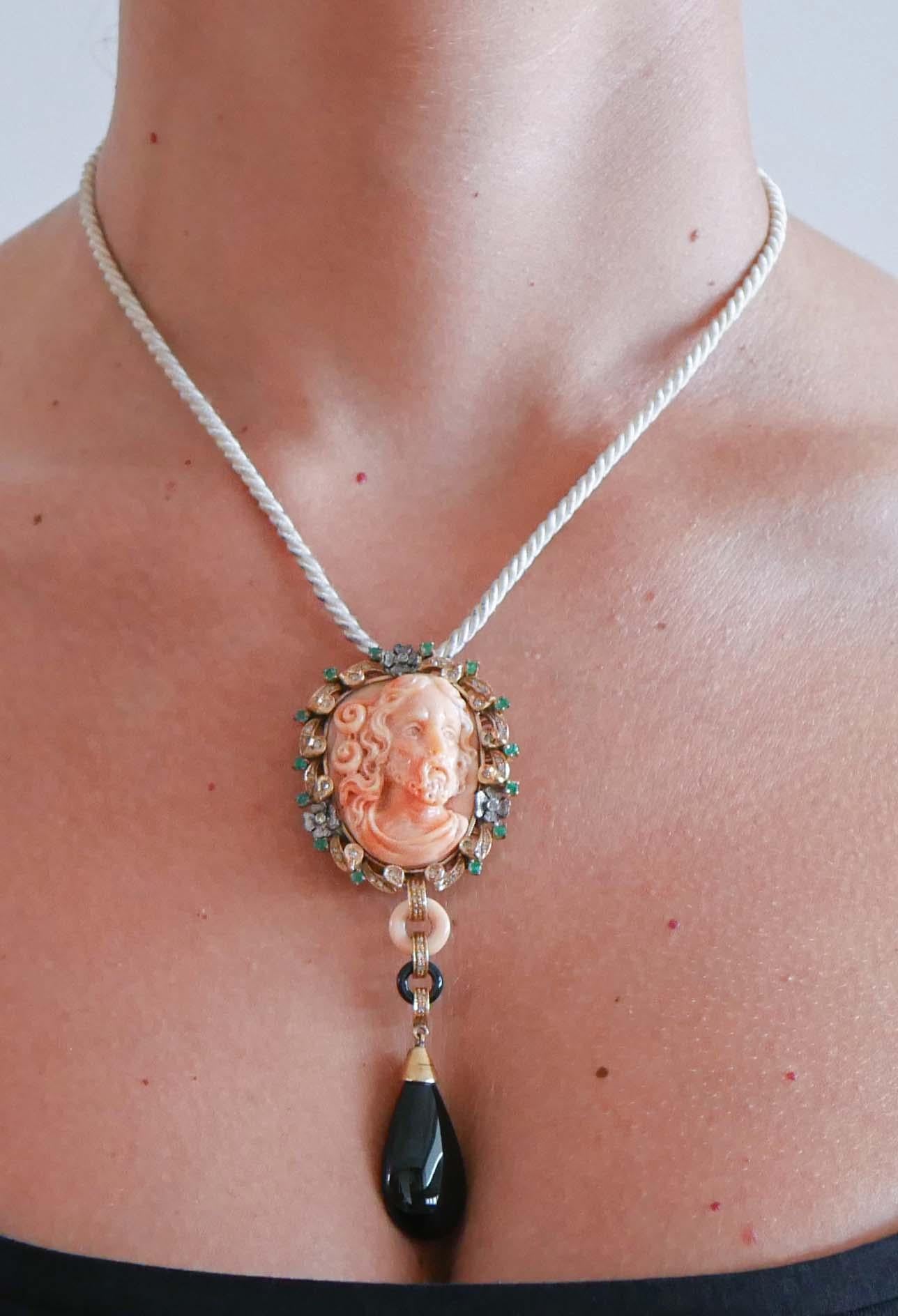 Women's Coral, Onyx, Emeralds, Diamonds, 14 Kt Rose Gold and Silver Pendant. For Sale