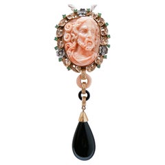 Coral, Onyx, Emeralds, Diamonds, 14 Kt Rose Gold and Silver Pendant.