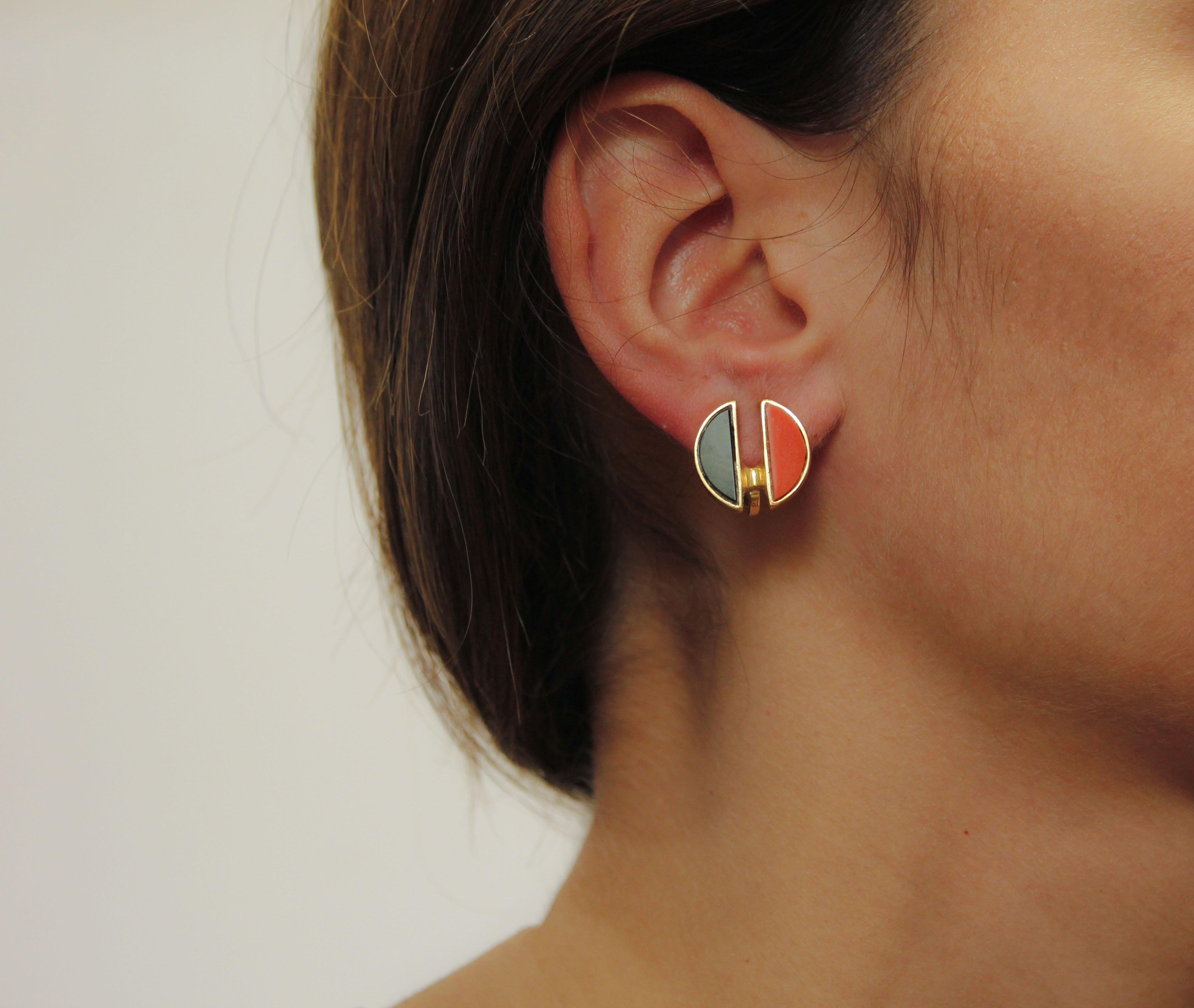 Half Onyx Button and Half Red Coral Buttons, Rose Gold Clip-on/Stud Earrings For Sale 2