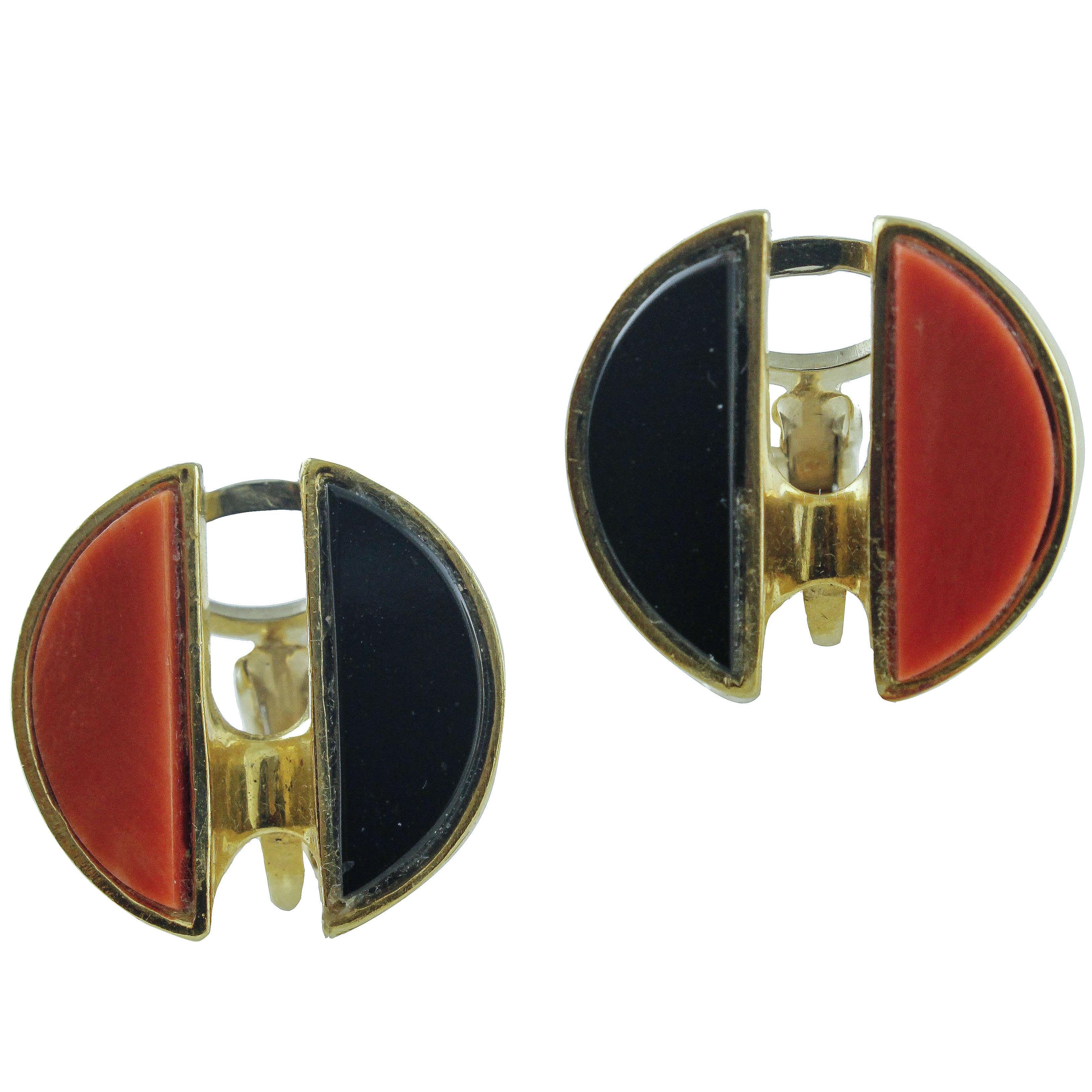 Demi-bouton en onyx et demi-bouton en corail rouge, boucles d'oreilles clip-on/bouton en or rose