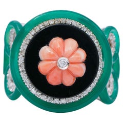 Coral, Onyx, Green Agate, Diamonds, 14 Karat White Gold Ring