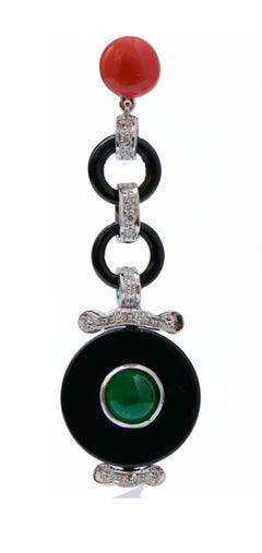 Coral, Onyx, Green Agate, Diamonds, PLatinum Dangle Earrings.