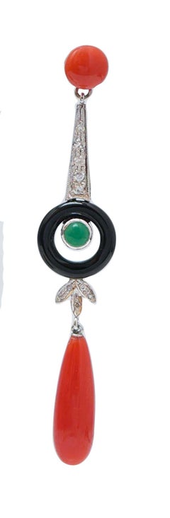 Coral, Onyx, Green Agate, Diamonds, Platinum Earrings.