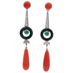 Coral, Onyx, Green Agate, Diamonds, Platinum Earrings.