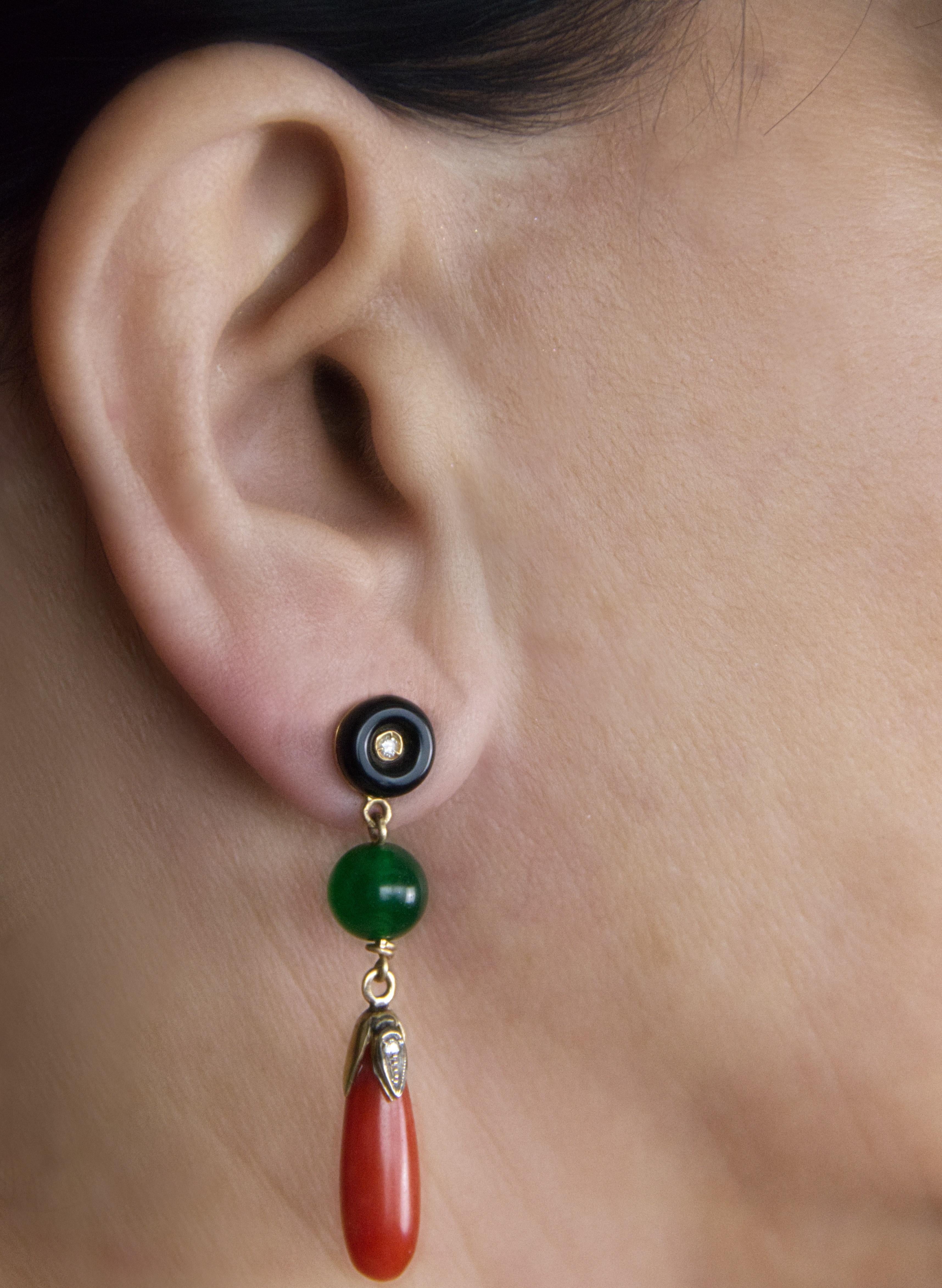 Coral Onyx Jade Diamonds 18 Karat Yellow Gold Drop Earrings For Sale 4