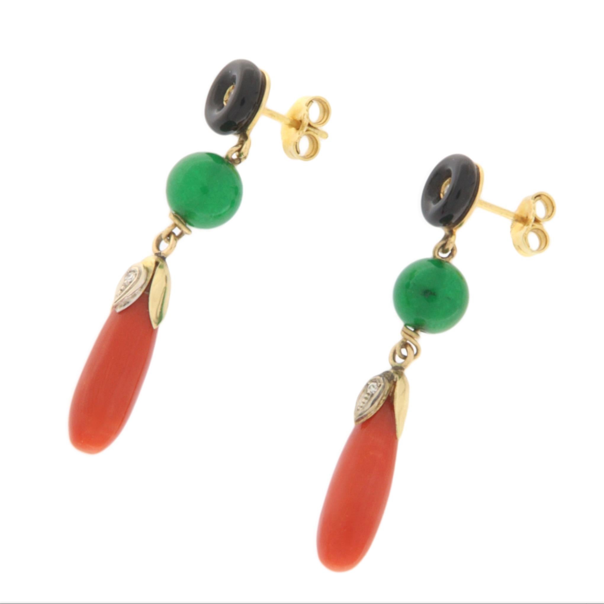 Artisan Coral Onyx Jade Diamonds 18 Karat Yellow Gold Drop Earrings For Sale