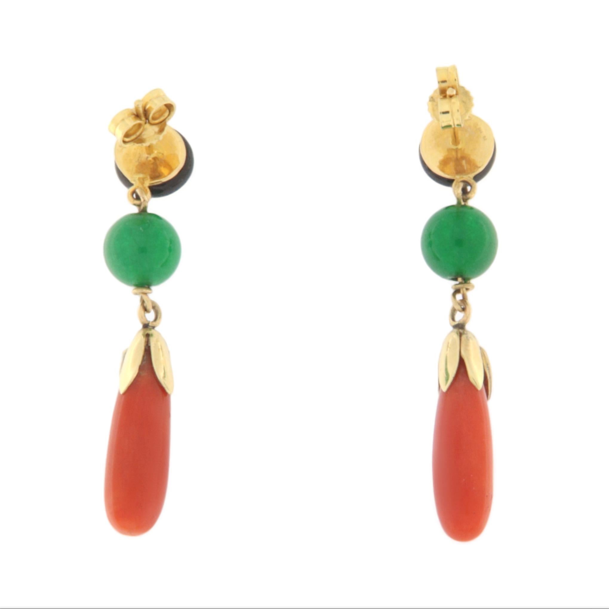Brilliant Cut Coral Onyx Jade Diamonds 18 Karat Yellow Gold Drop Earrings For Sale