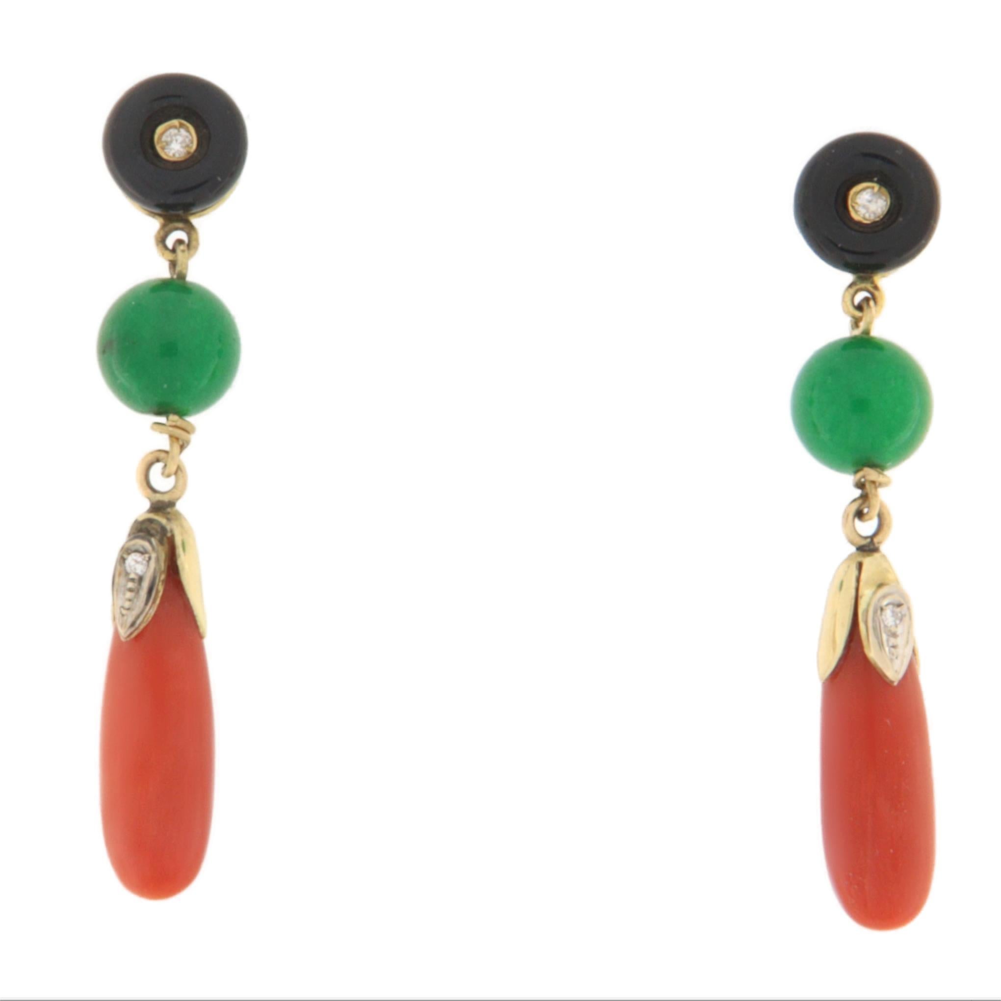 Coral Onyx Jade Diamonds 18 Karat Yellow Gold Drop Earrings In New Condition For Sale In Marcianise, IT