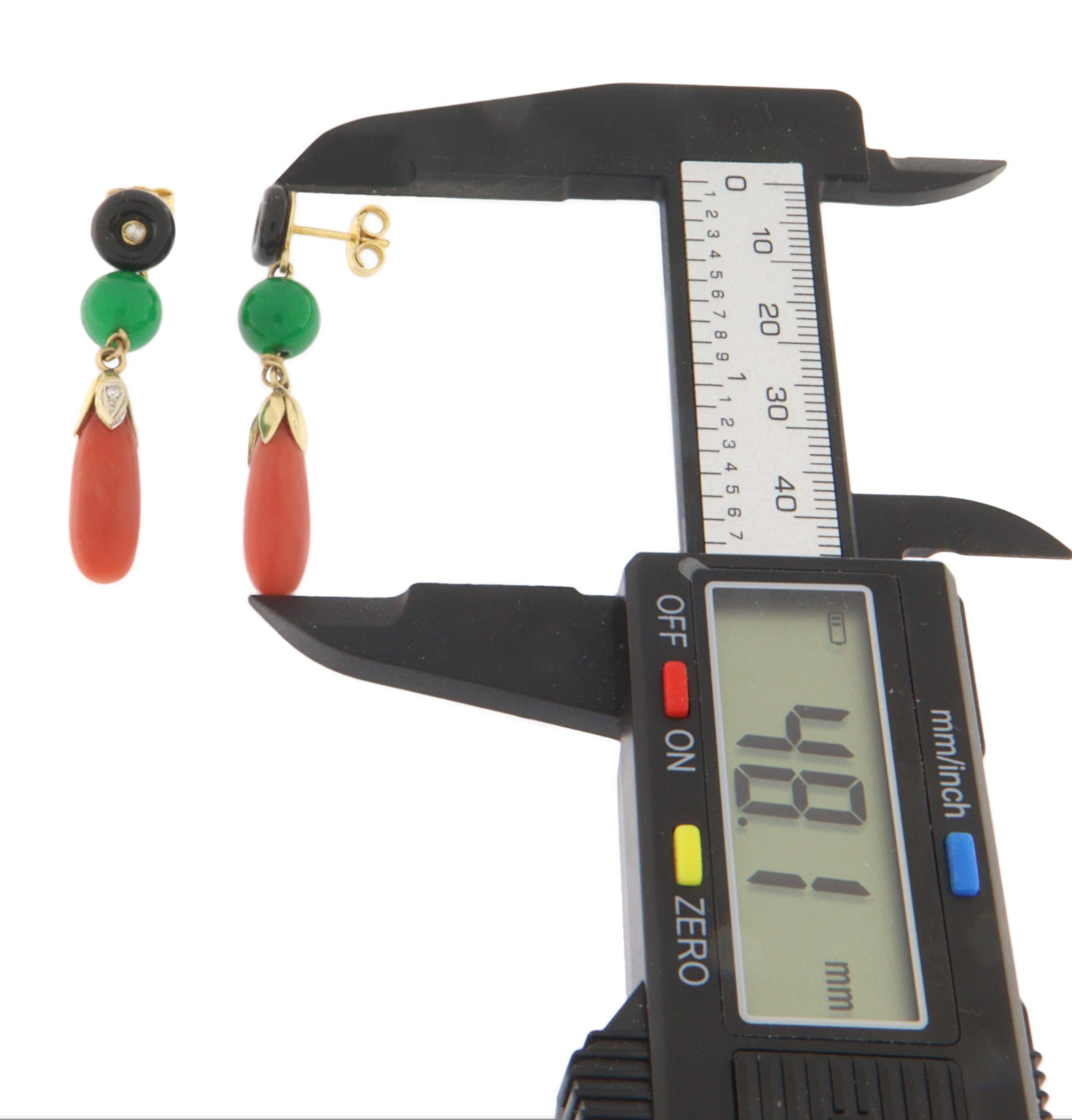 Women's Coral Onyx Jade Diamonds 18 Karat Yellow Gold Drop Earrings For Sale