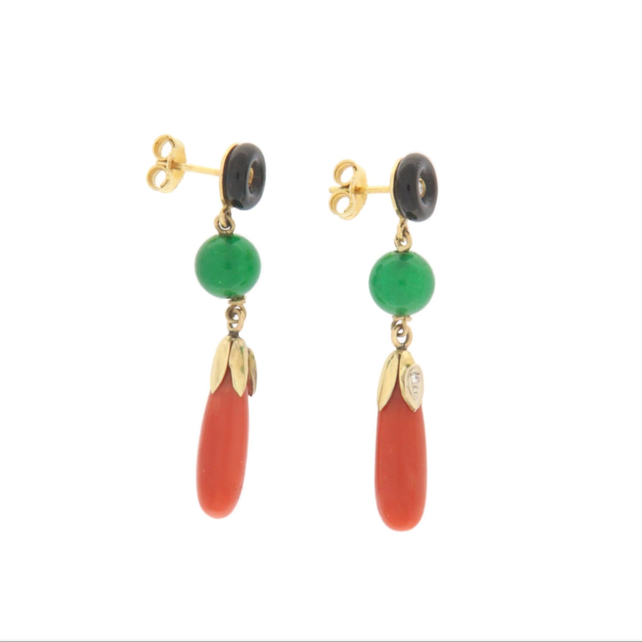 Coral Onyx Jade Diamonds 18 Karat Yellow Gold Drop Earrings For Sale 1