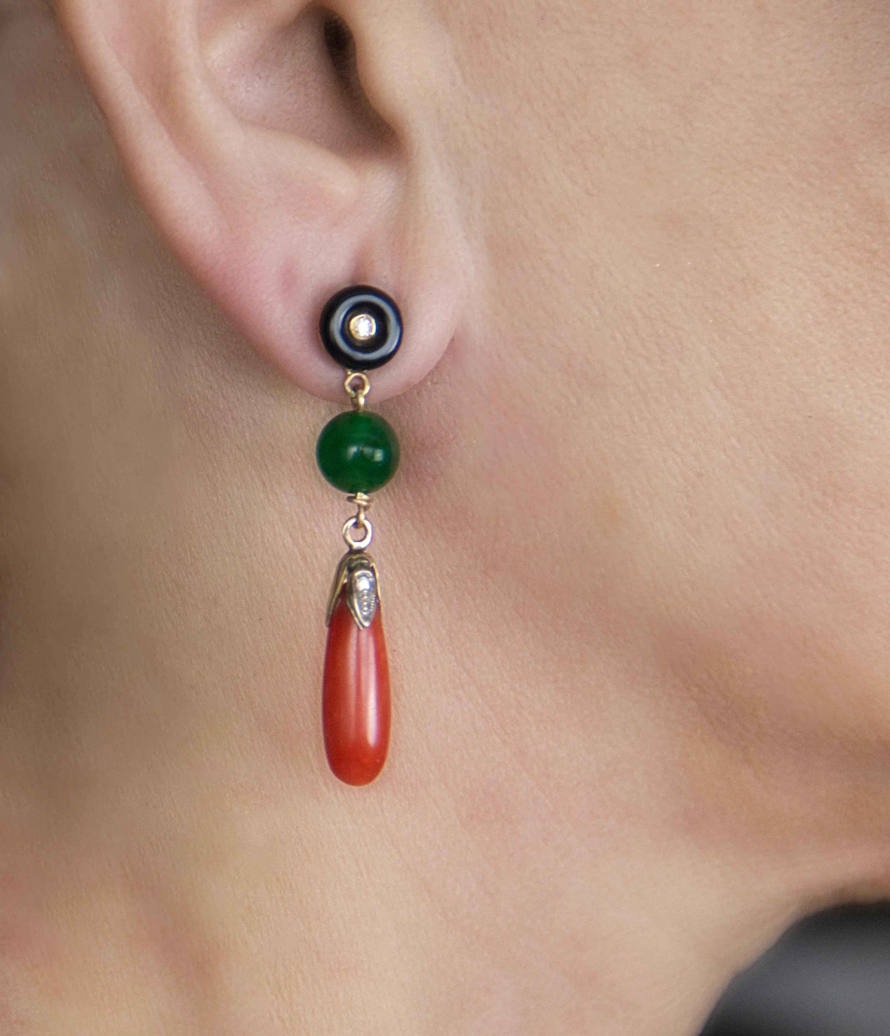 Coral Onyx Jade Diamonds 18 Karat Yellow Gold Drop Earrings For Sale 2
