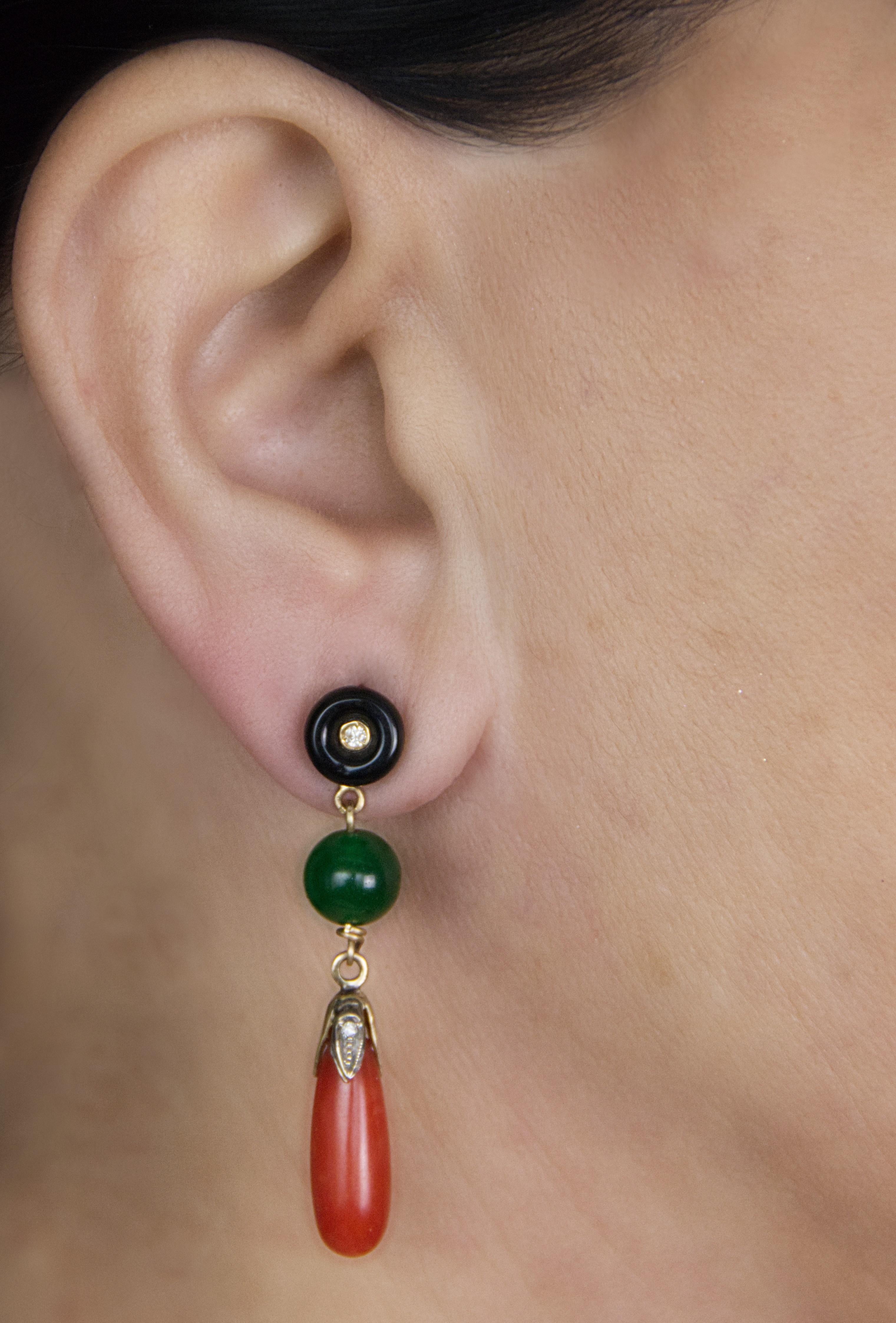 Coral Onyx Jade Diamonds 18 Karat Yellow Gold Drop Earrings For Sale 3