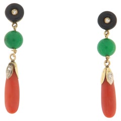 Koralle Onyx Jade Diamanten 18 Karat Gelbgold Tropfenohrringe