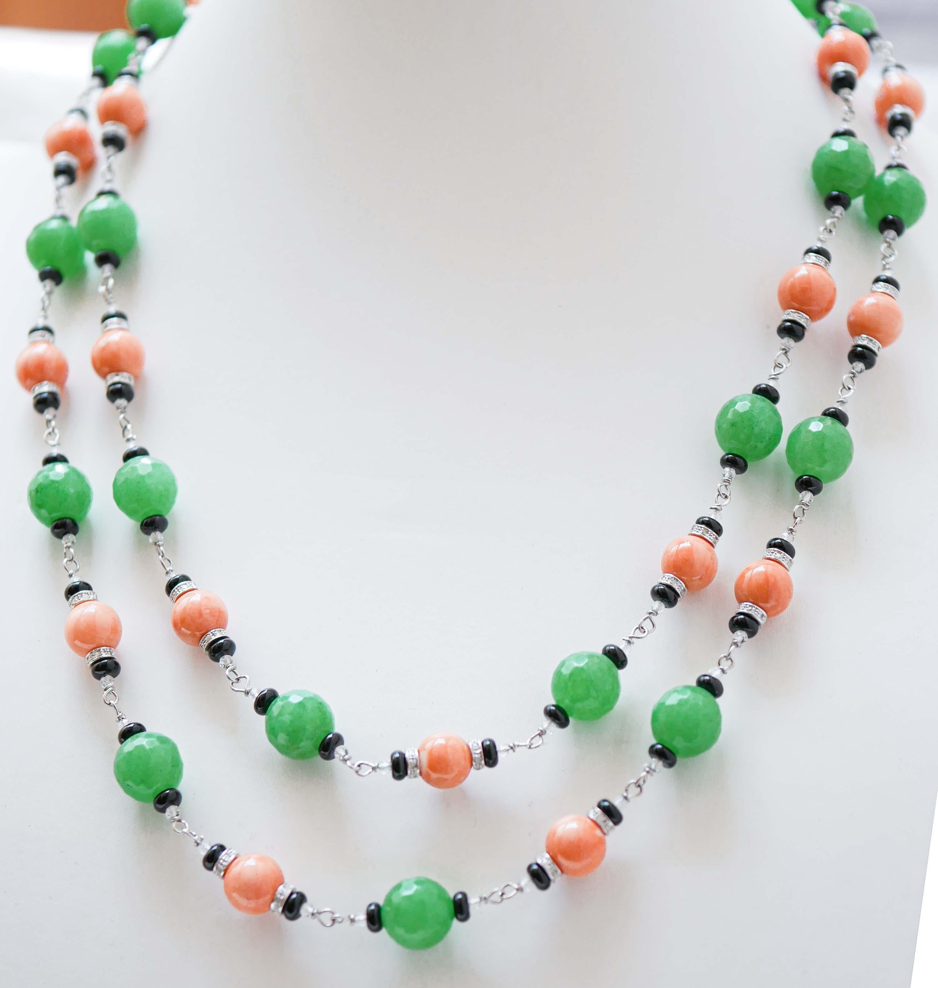 Retro Coral, Onyx, Jade, Diamonds, Rock Crystal, White Gold Necklace. For Sale