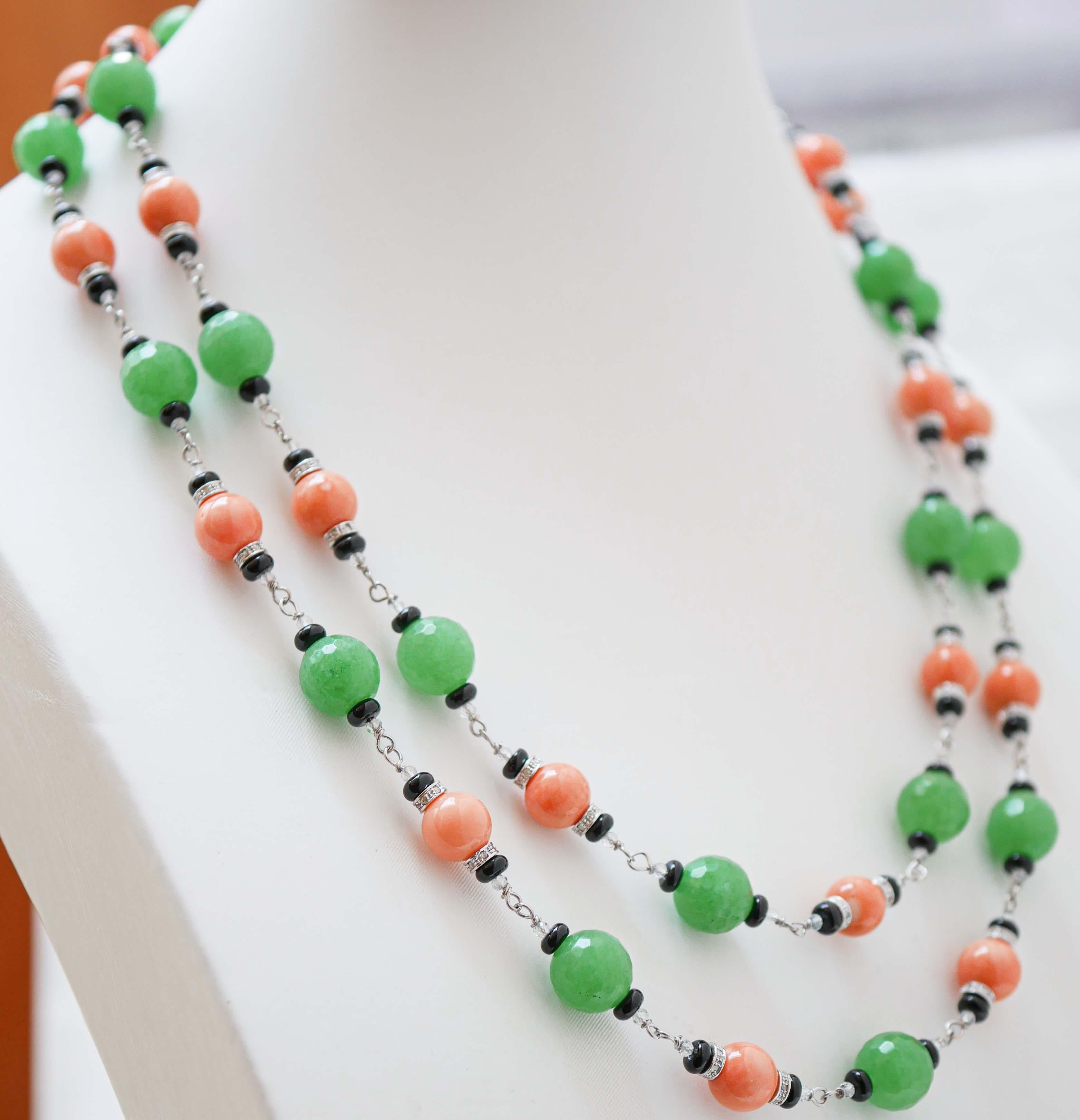 Mixed Cut Coral, Onyx, Jade, Diamonds, Rock Crystal, White Gold Necklace. For Sale