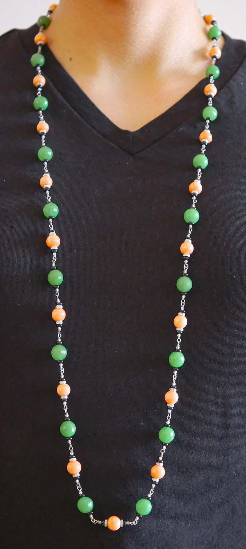 Women's Coral, Onyx, Jade, Diamonds, Rock Crystal, White Gold Necklace. For Sale