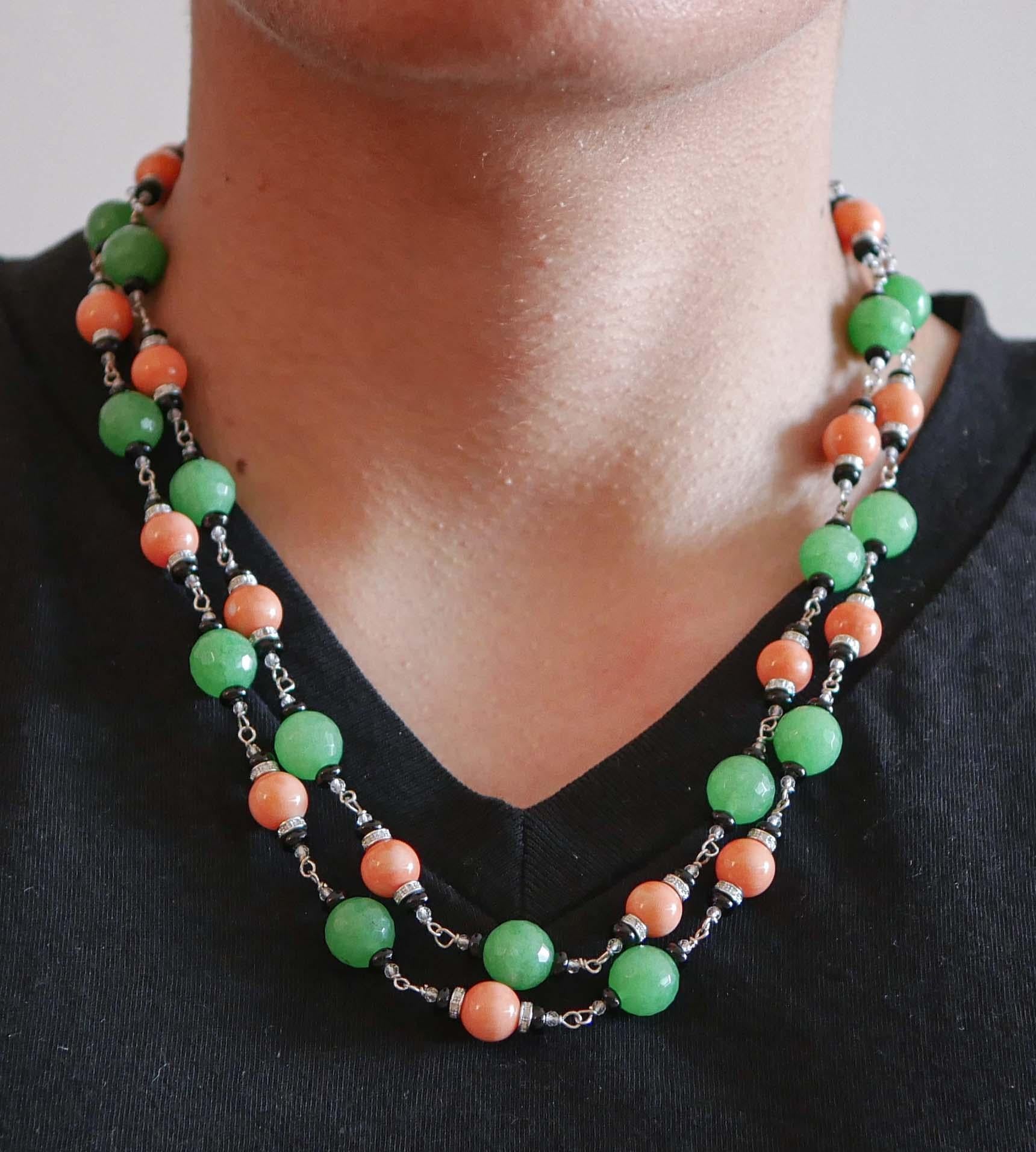 Coral, Onyx, Jade, Diamonds, Rock Crystal, White Gold Necklace. For Sale 2