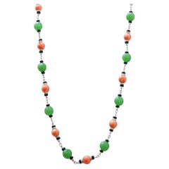 Vintage Coral, Onyx, Jade, Diamonds, Rock Crystal, White Gold Necklace.