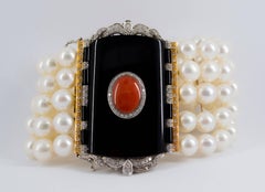 Mediterranean Red Coral Onyx Pearl 1.60 Carat Diamond Gold Bracelet