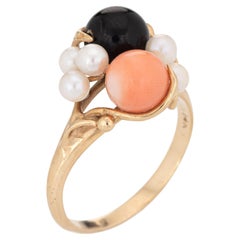 Coral Onyx Pearl Ring Vintage Cocktail 14k Yellow Gold Estate Fine Jewelry 6.5