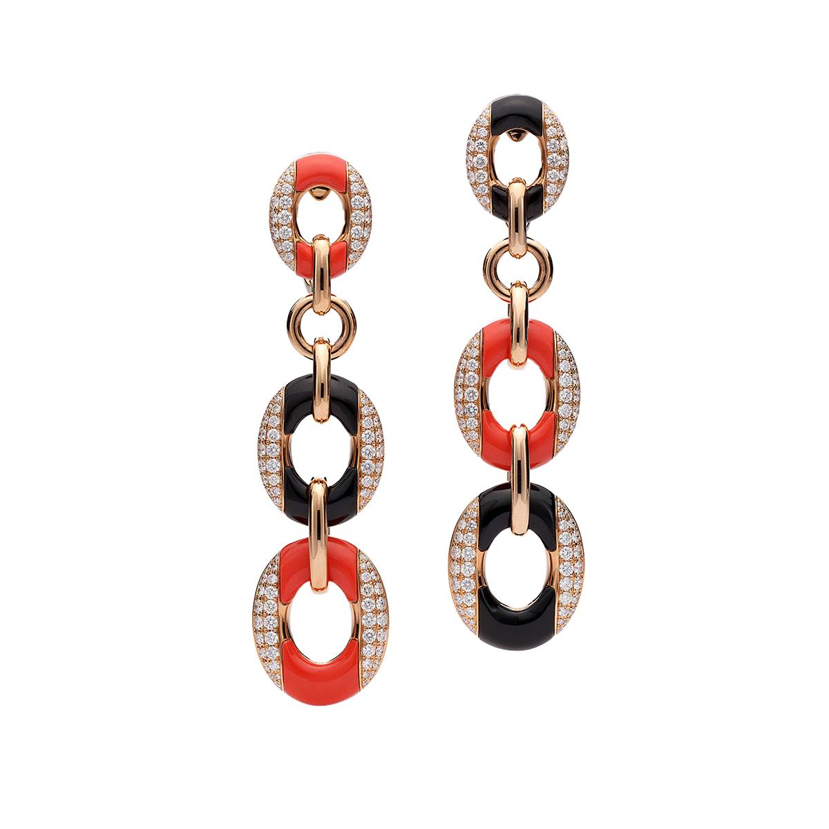 Earrings in 18kt pink gold set with 224 diamonds 3.34 cts, 7 coral and 7 onyx 7.12 cts    