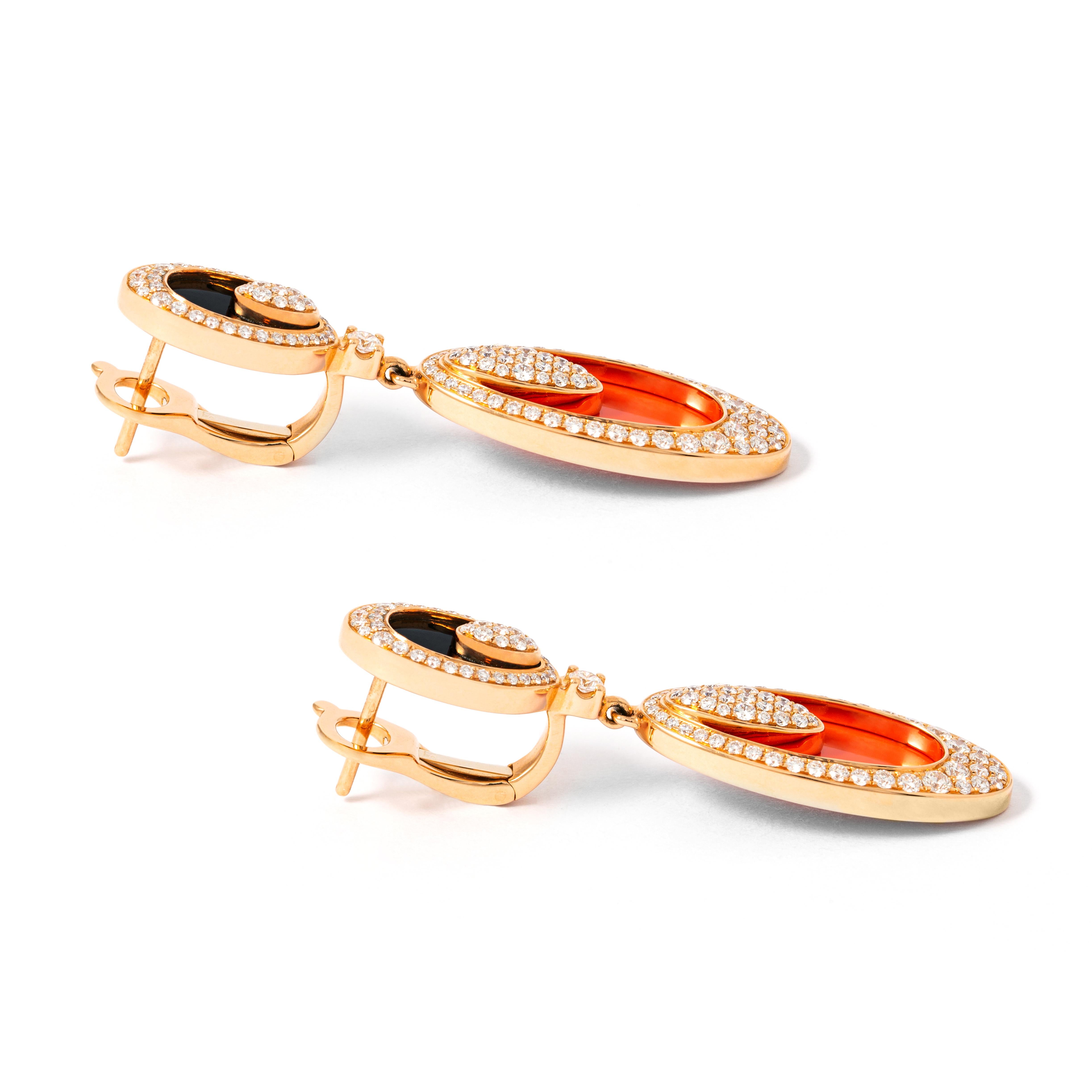 Coral Onyx Pendant Earrings In New Condition For Sale In Geneva, CH