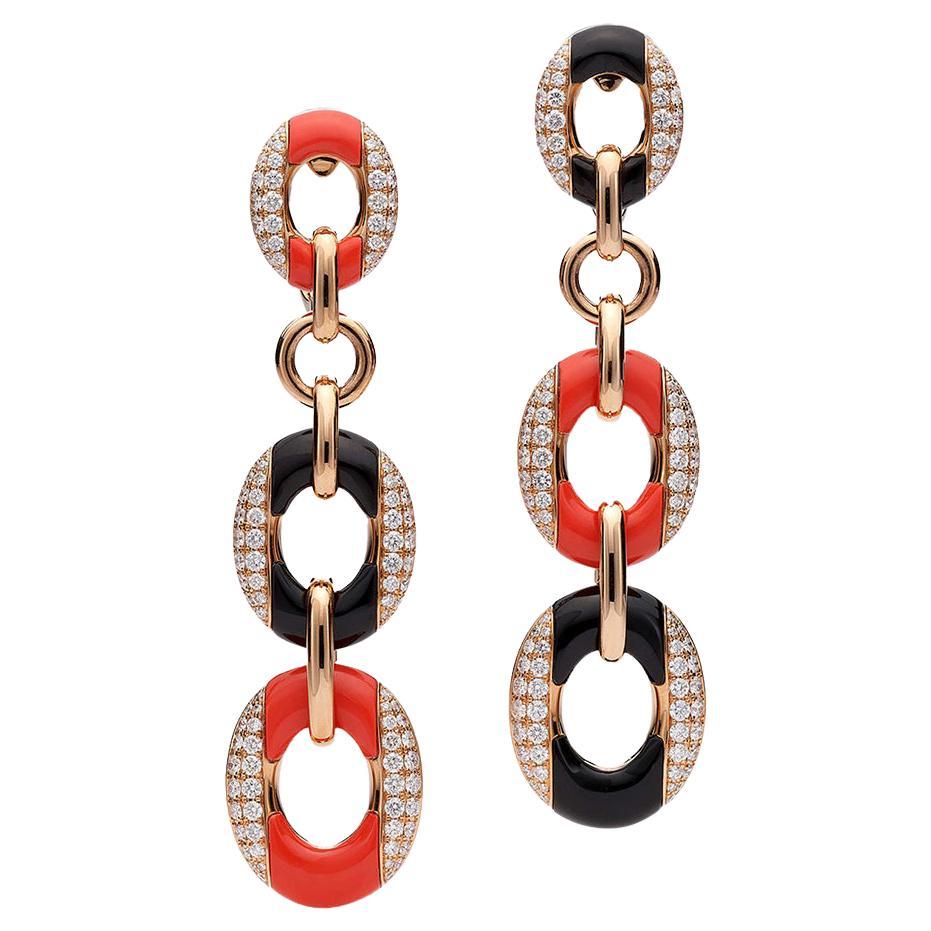 Boucles d'oreilles pendantes en corail et onyx